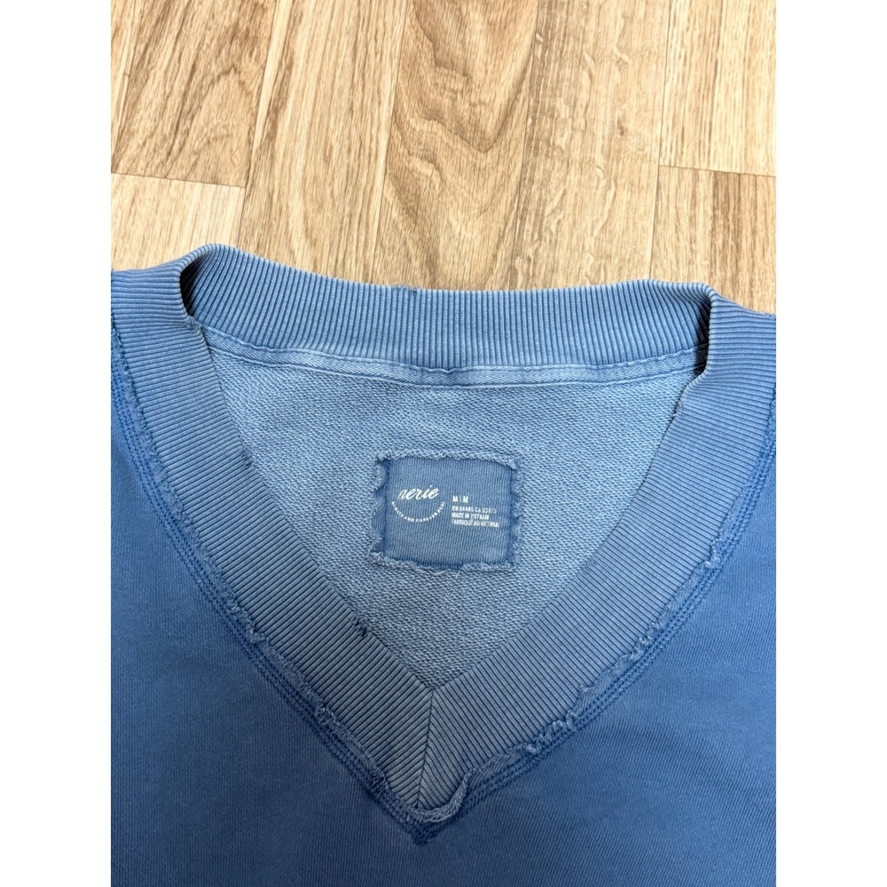 Aerie Oversized V-Neck Sweatshirt Blue Raw Edge Pullover Medium - Picture 6 of 9